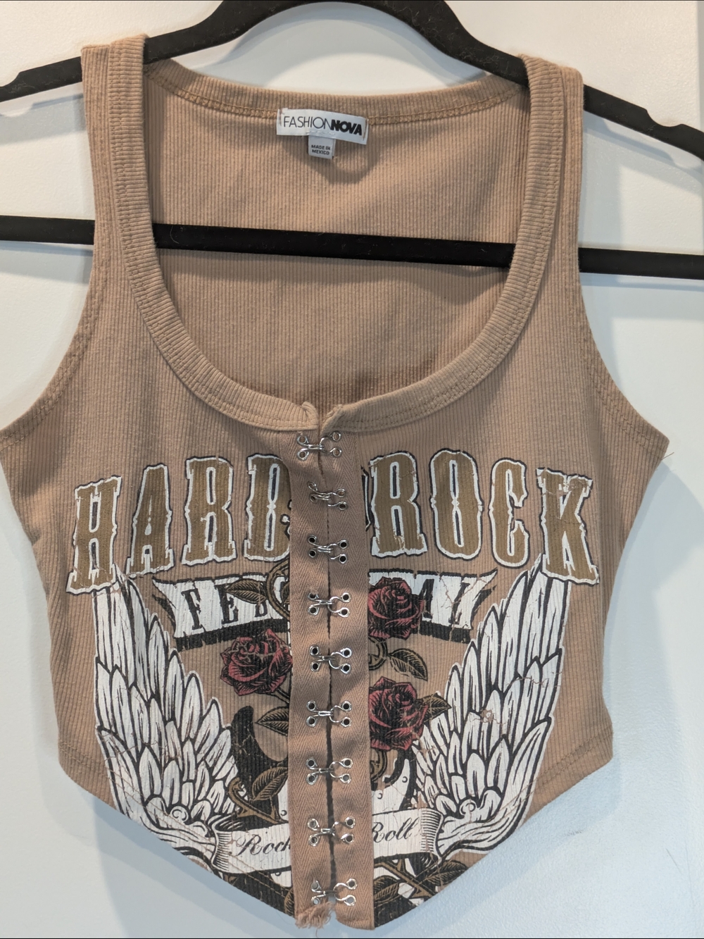Fashion Nova Corset Tank Top Brown Graphic Crop Lace Up Front Y2K Grunge